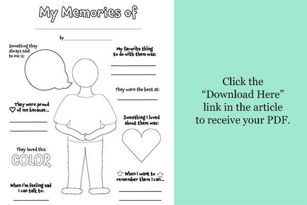 Printable “My Memories of” worksheet with a blank person outline and colorful prompt questions