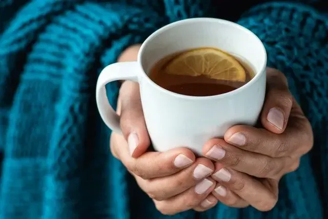 Hands holding a white mug of tea with a lemon slice, wearing a teal sweater.