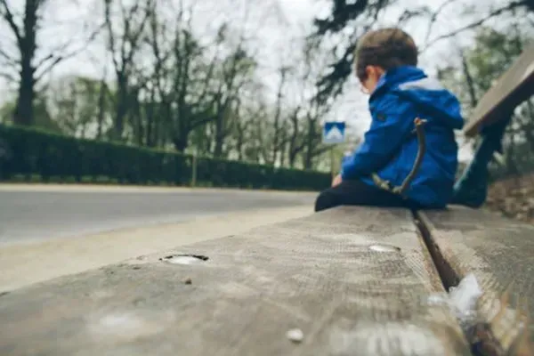 Person in a blue jacket sitting on a wooden fence beside a road in a park.