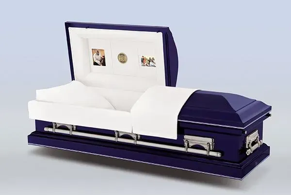 Purple and white casket with open lid and white interior upholstery