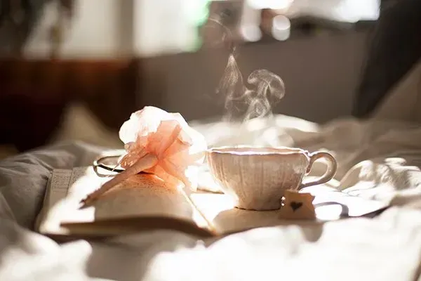 Tea cup and open book on a sunlit bed, with a pink flower and steam rising from the cup.