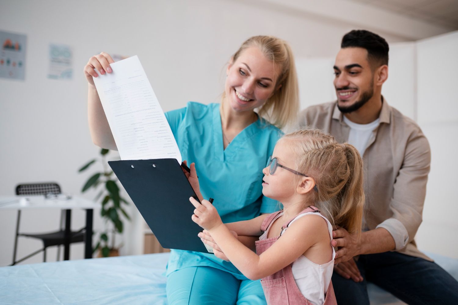 A nurse is looking at a clipboard with a little girl and a man.