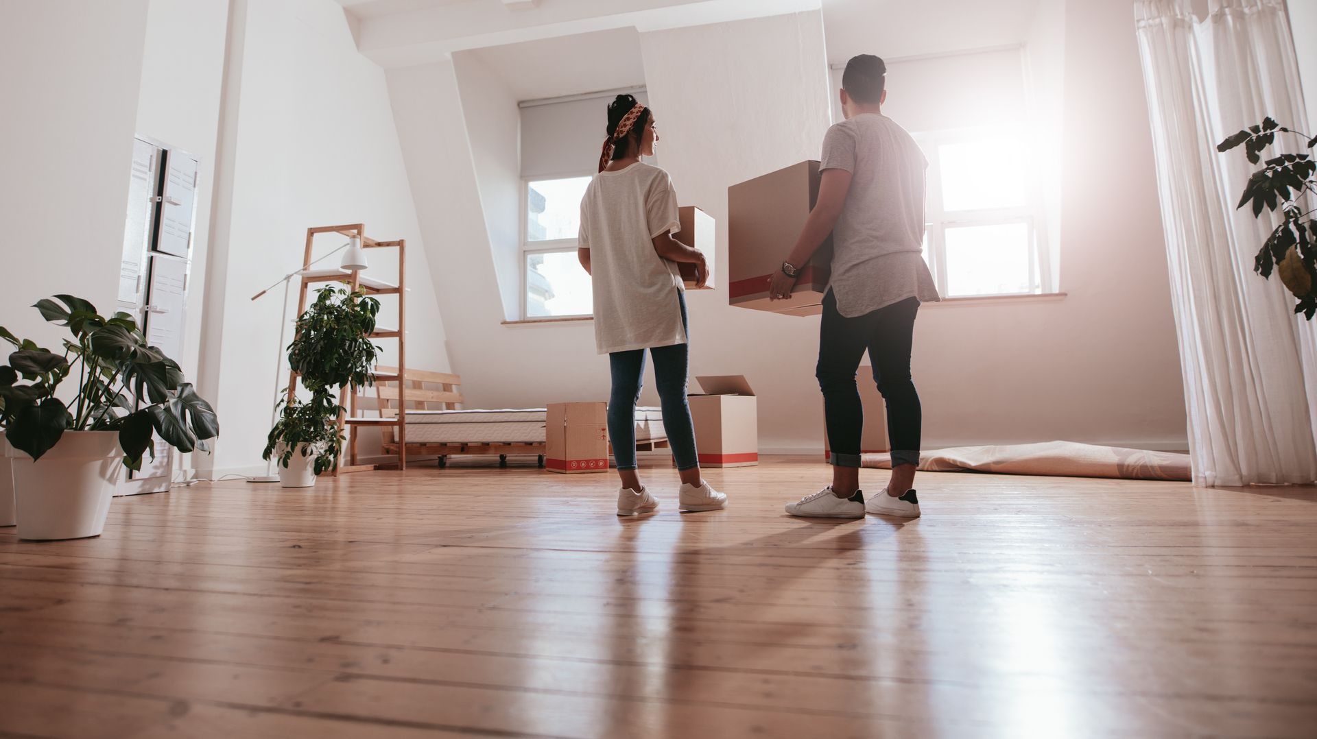 Couple carrying boxes into a sunlit room with wooden floors, plants, and windows.