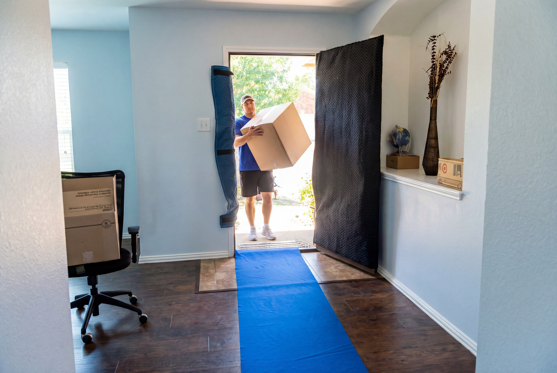 Man carrying a large box through the front door of a home. A blue floor runner and moving supplies are in the doorway.