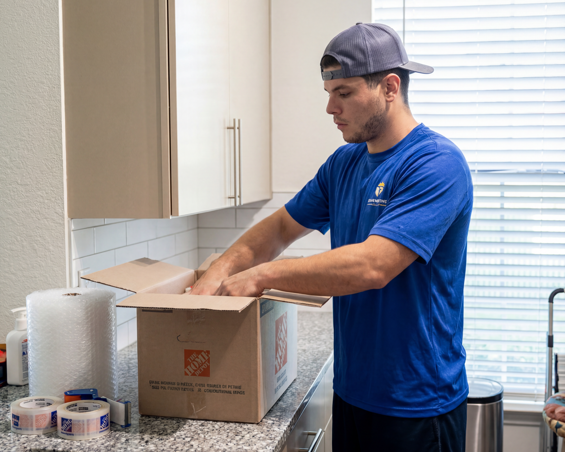 Man in blue shirt packing a box on a kitchen counter near a window.
