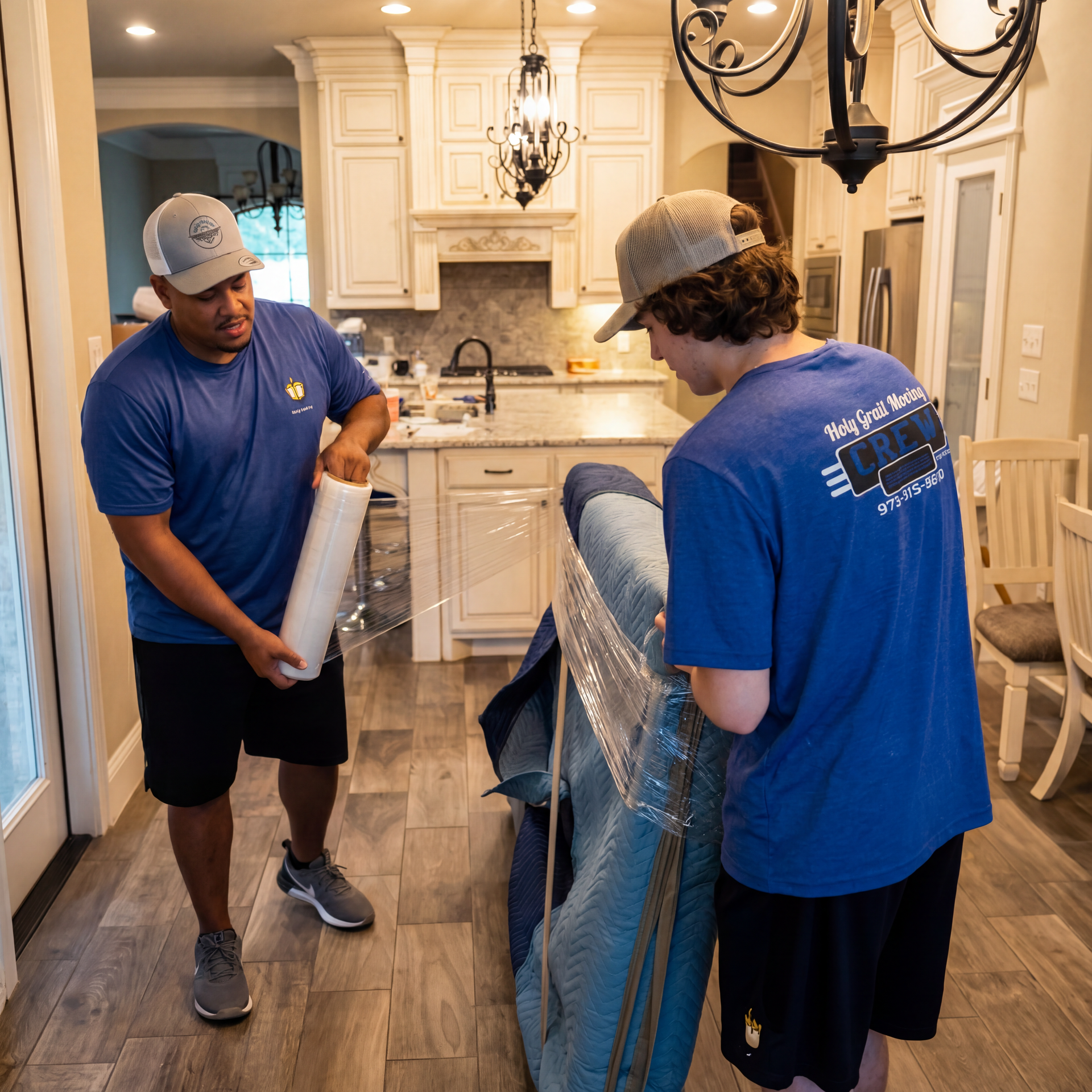 Two people wrapping furniture in a kitchen. One holds plastic wrap, the other assists.
