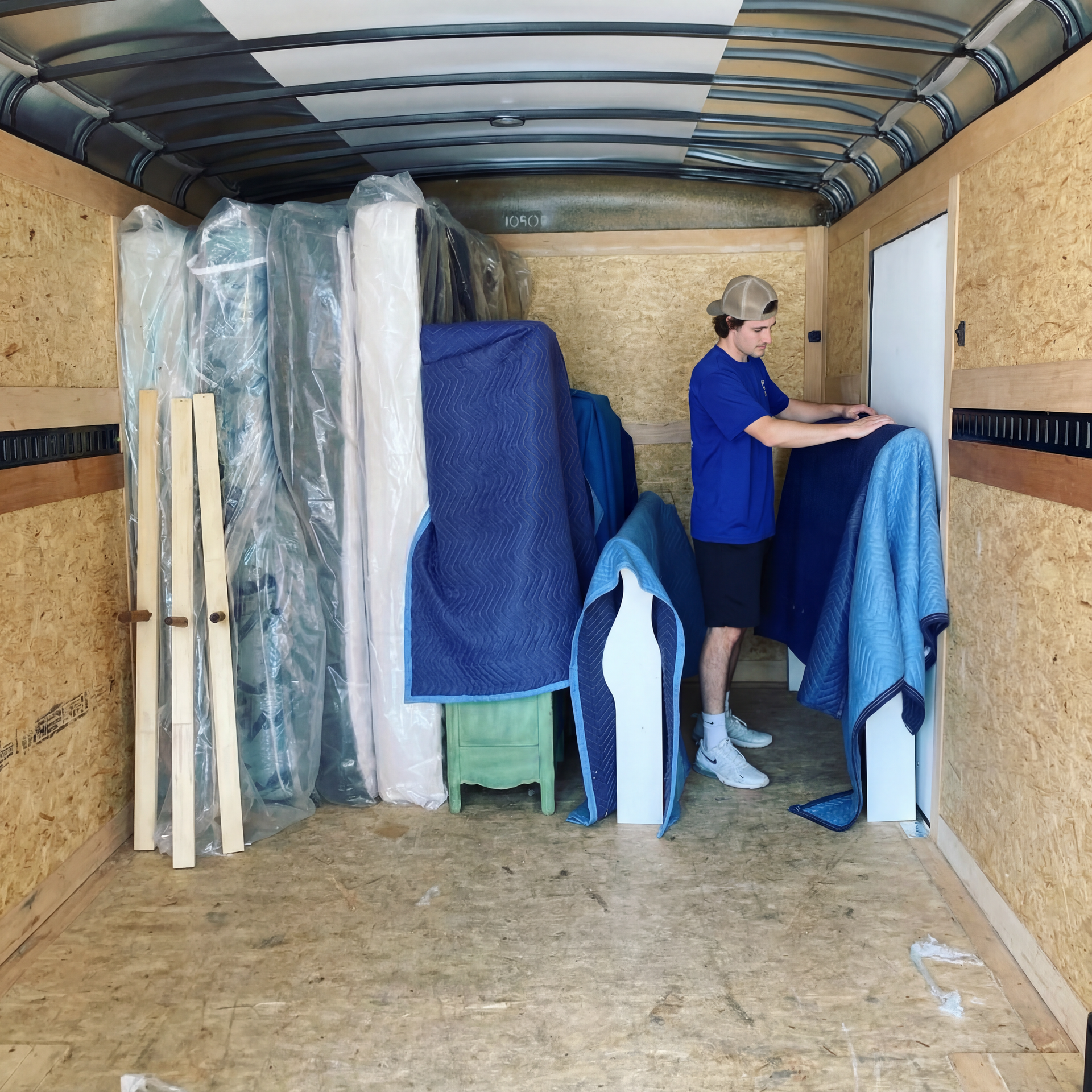 Man in trailer loading furniture; some items wrapped in blankets/plastic.