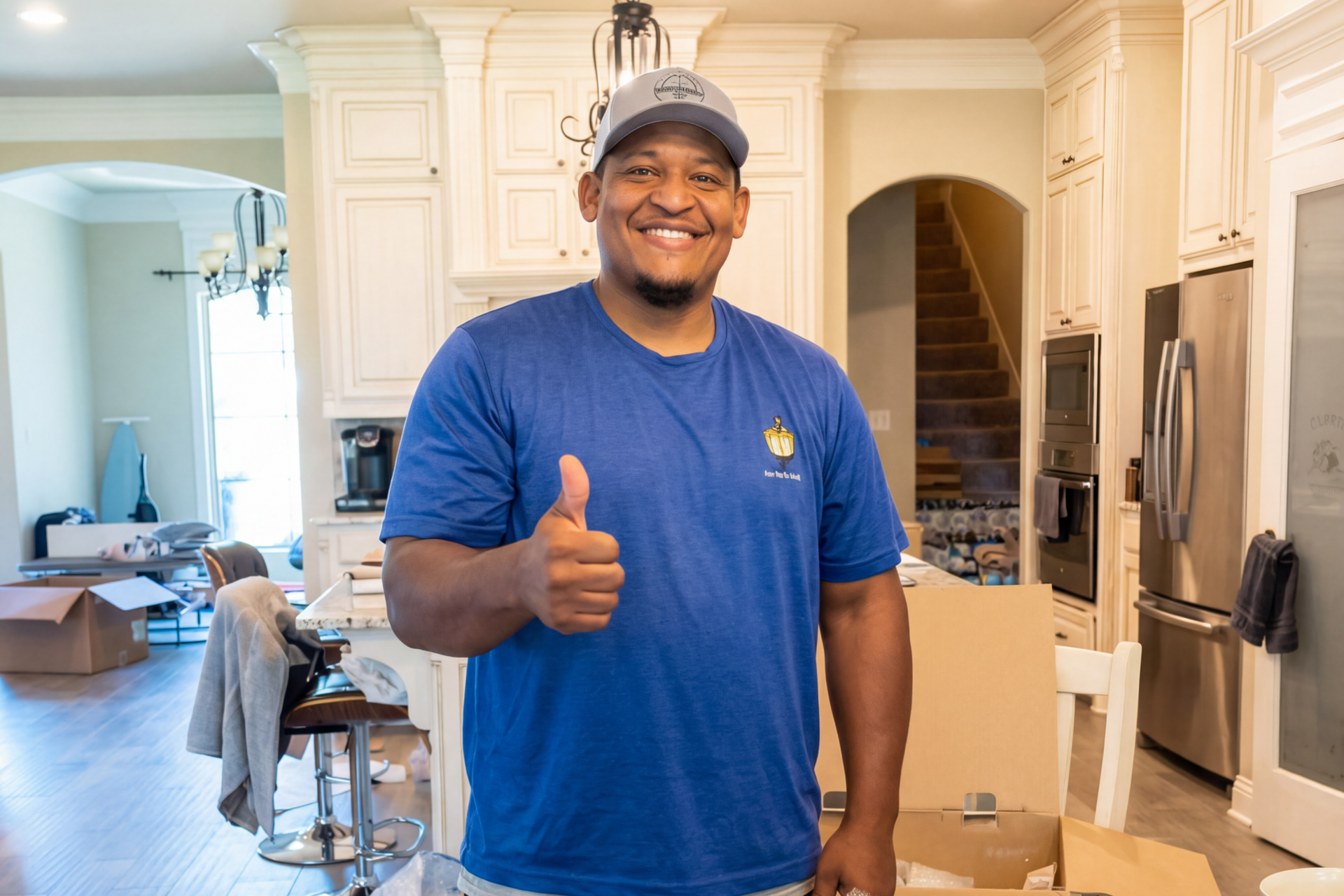 Man in blue shirt gives thumbs up in a kitchen with moving boxes.