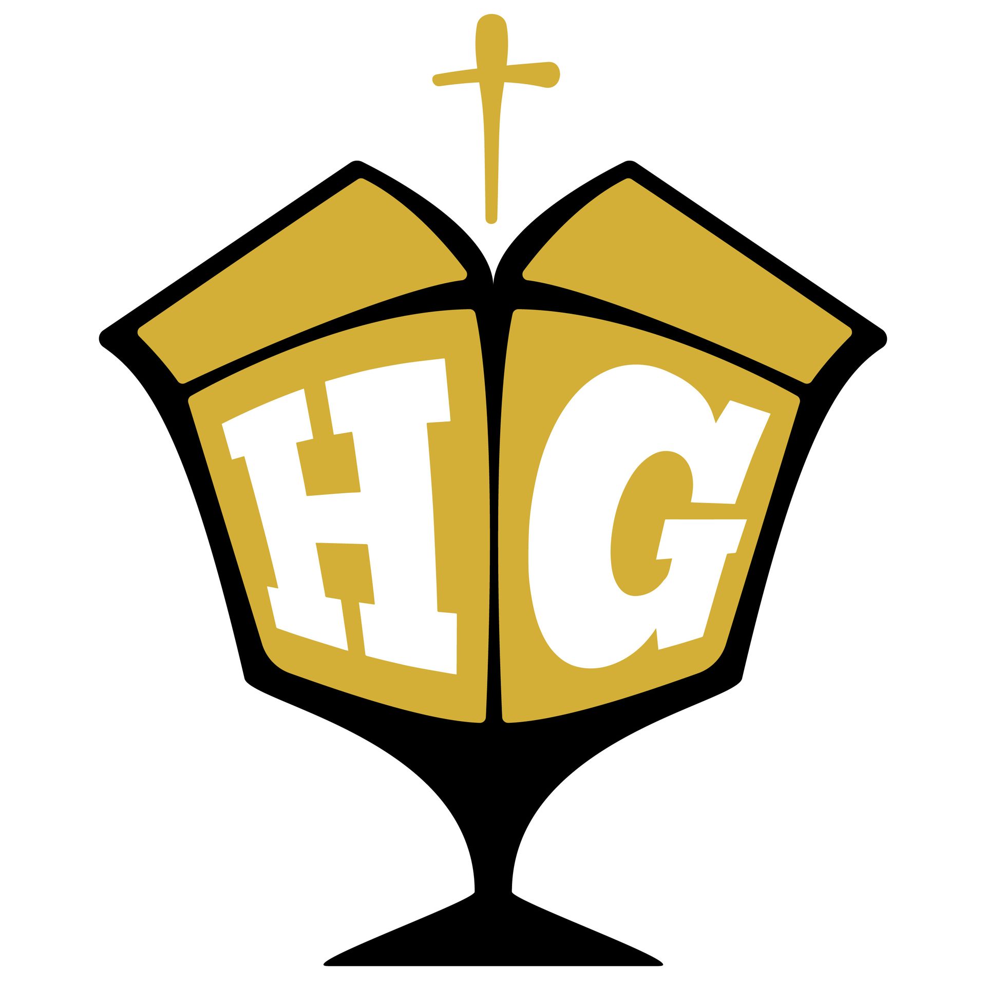 A logo for a church with the letters hg and a cross