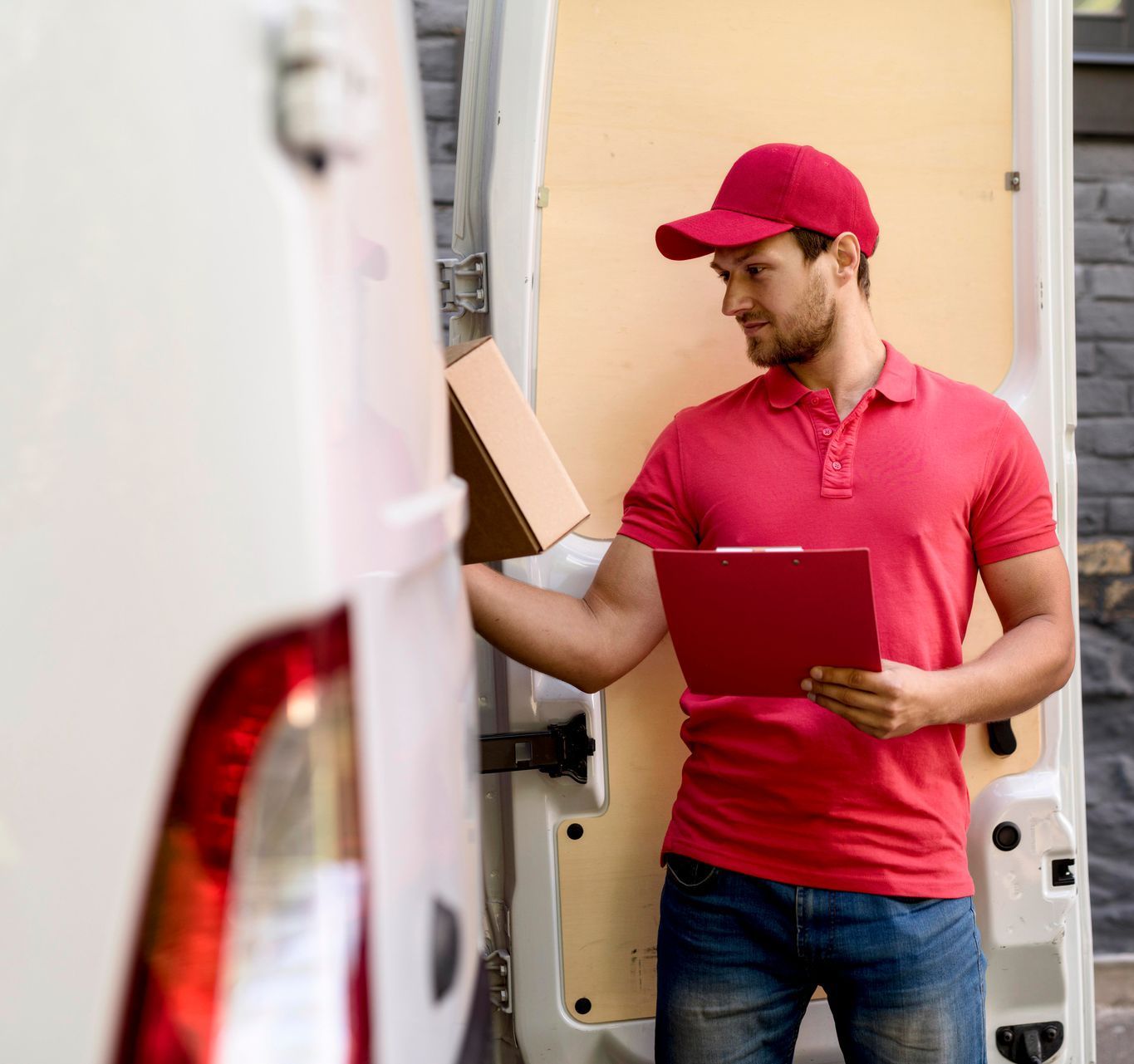 A man in a red shirt is standing next to a van holding a clipboard and a box.