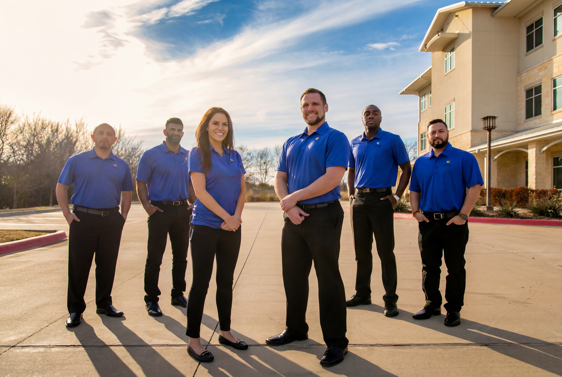 Six people in blue shirts and black pants standing outside a building.