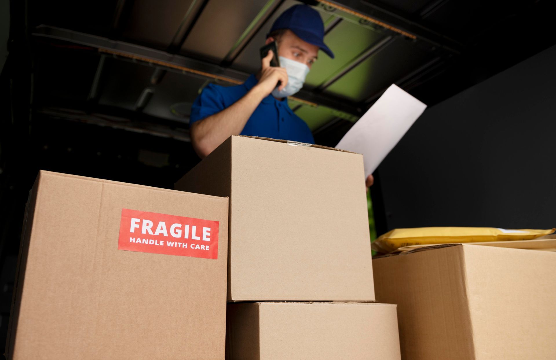 A delivery man wearing a mask is talking on a cell phone while looking at a piece of paper.