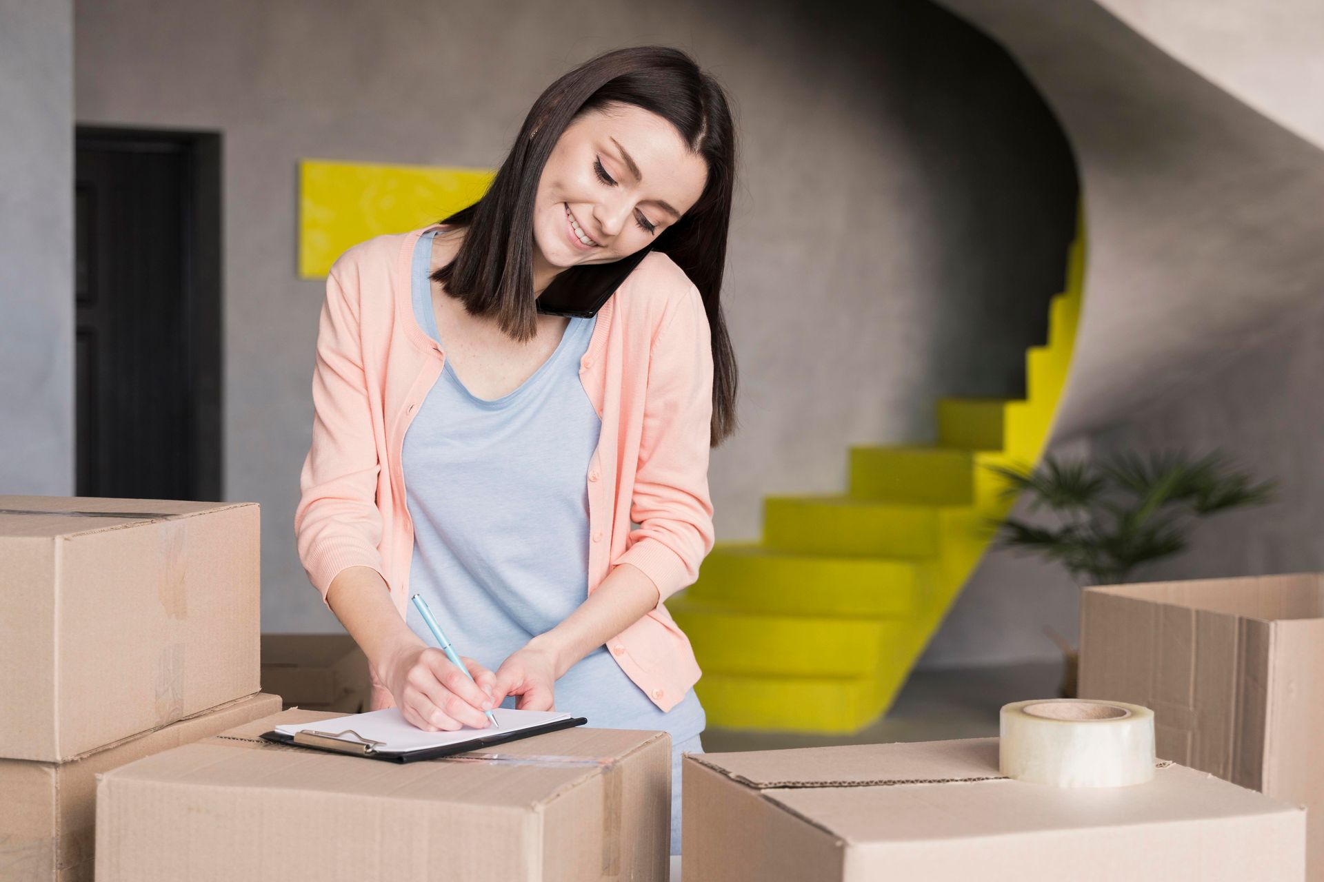 A woman is writing on a clipboard next to a pile of cardboard boxes.