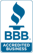 A blue and white bbb accredited business logo