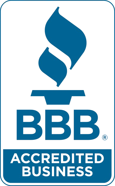 A blue and white bbb accredited business logo