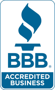 A blue and white bbb accredited business logo