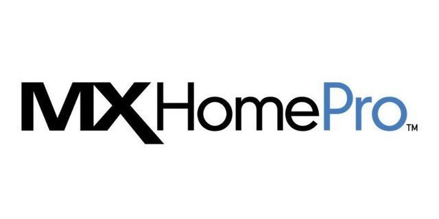 The mx home pro logo is black and blue on a white background.