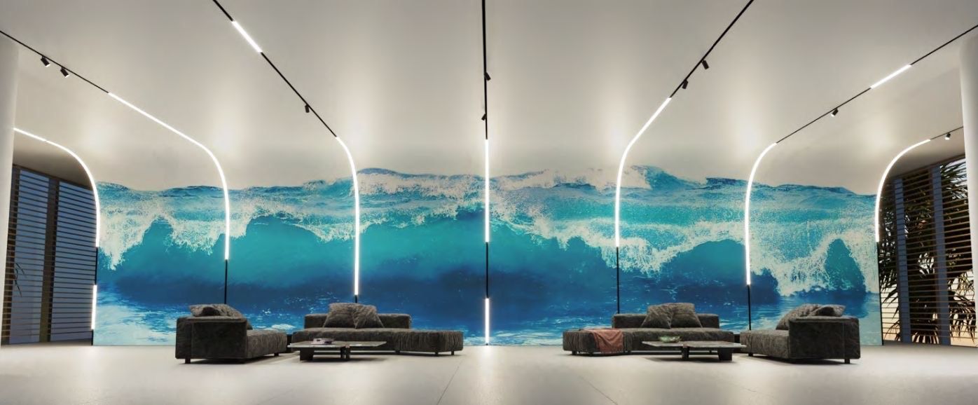 Modern lounge with wave mural, couches, and bright linear lights.