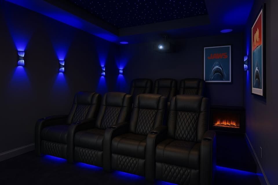 A movie theater with a poster of jaws on the wall