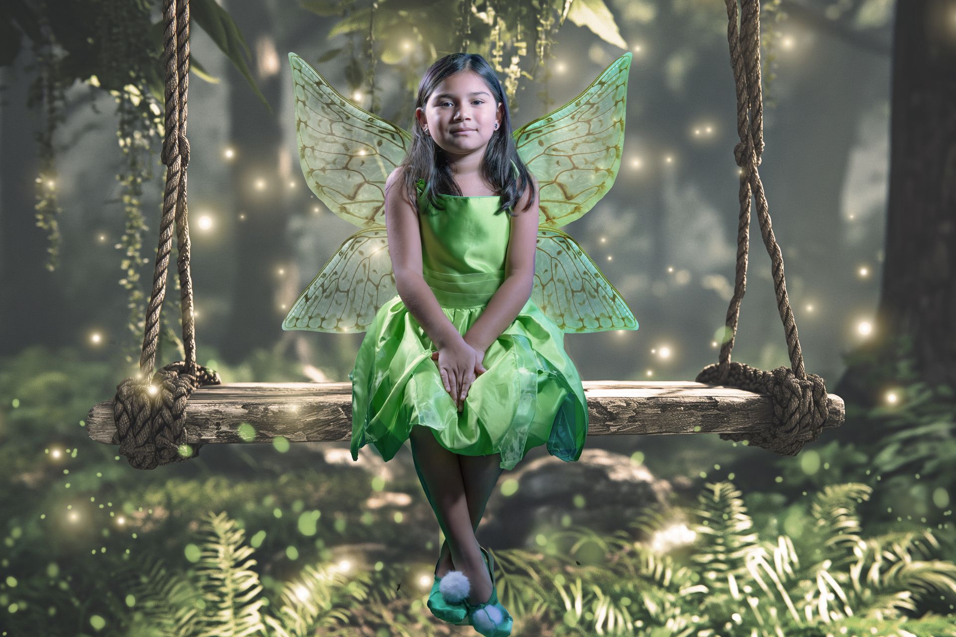 Girl in green dress and fairy wings sits on a wooden swing in a forest, surrounded by glowing lights.