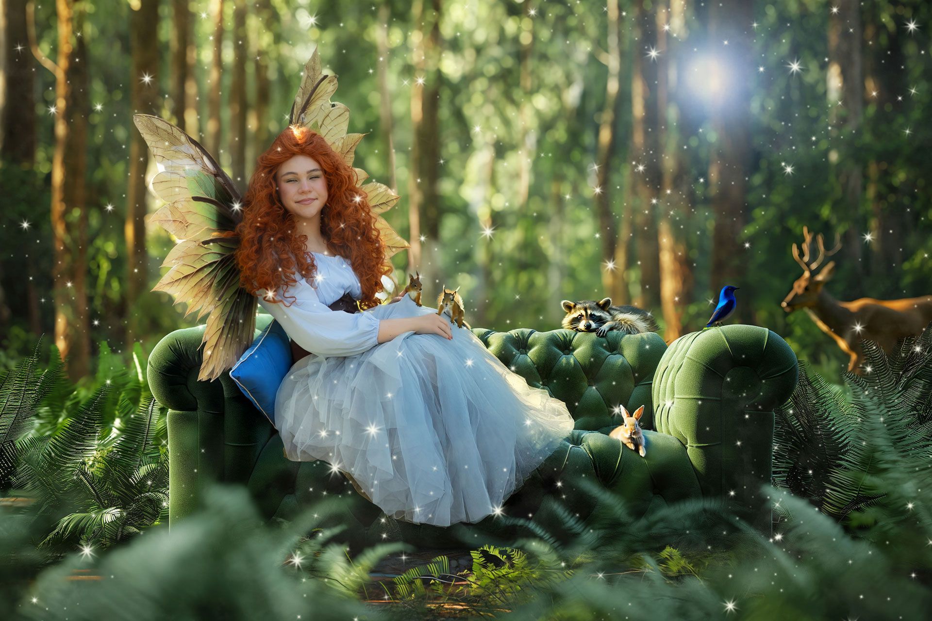 Fairy with red hair and wings, seated on a tufted green sofa in a forest, surrounded by animals.