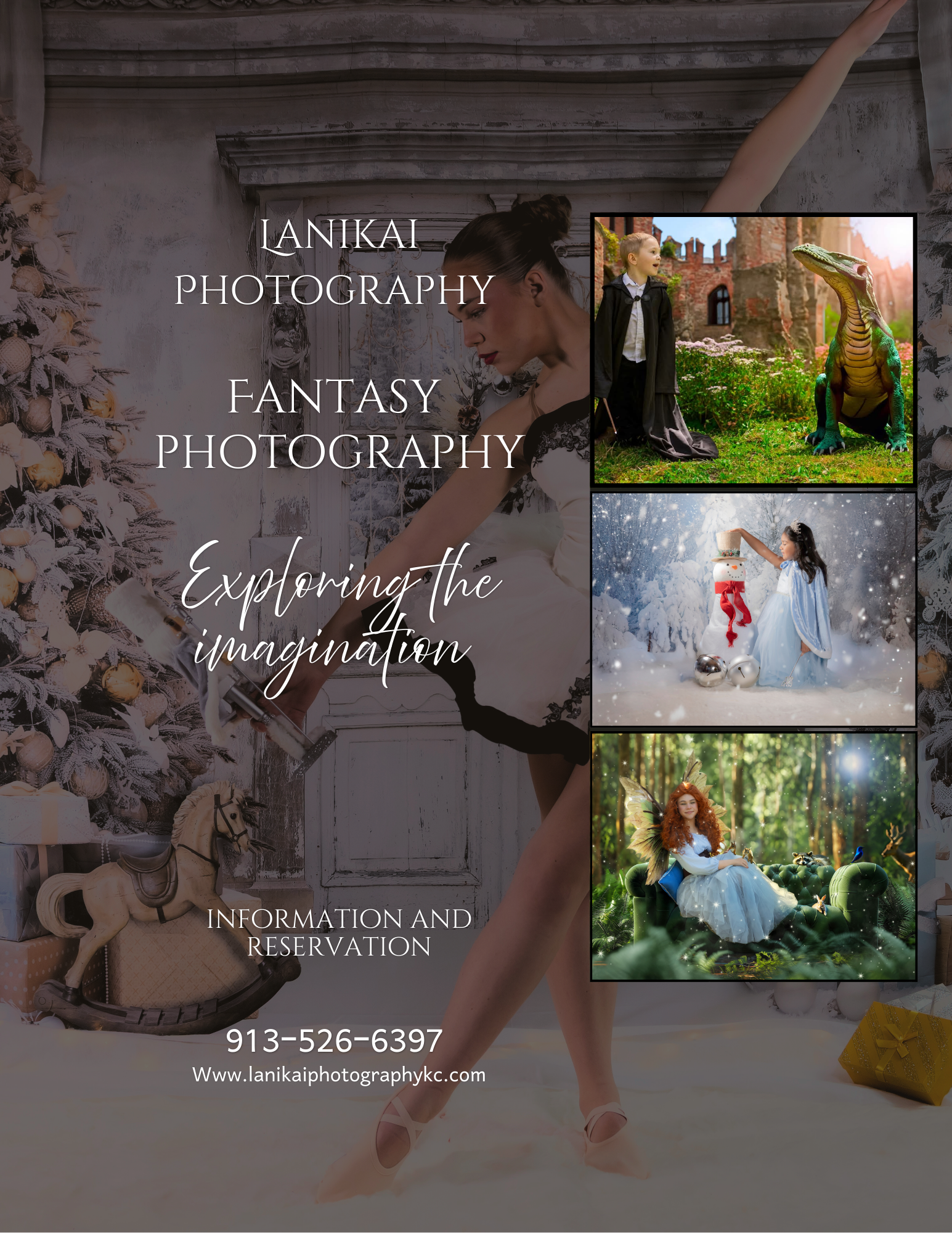 Flyer for fantasy photography with a ballerina and sample images: a couple, children, and a woman.