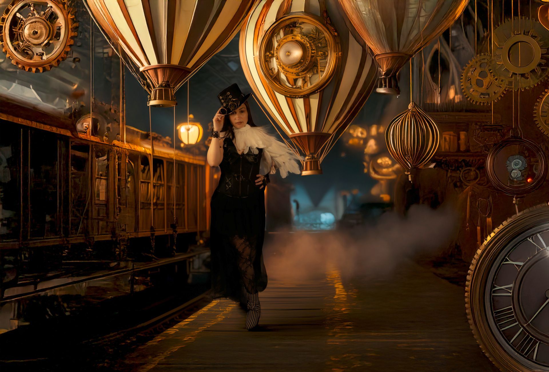 A woman in a steampunk costume is standing in front of hot air balloons.