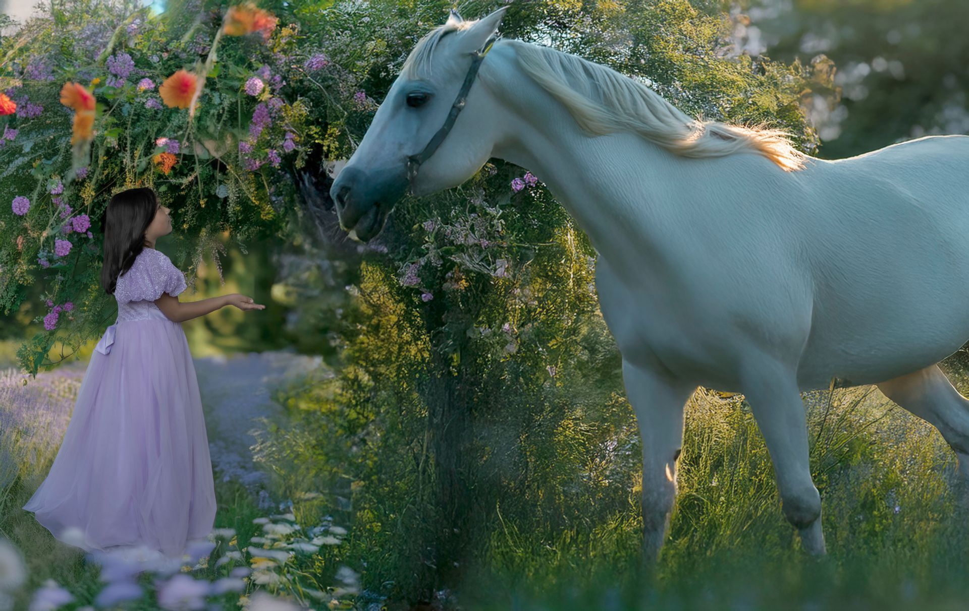 A young girl in a lavender dress stands in a garden, facing a white horse.
