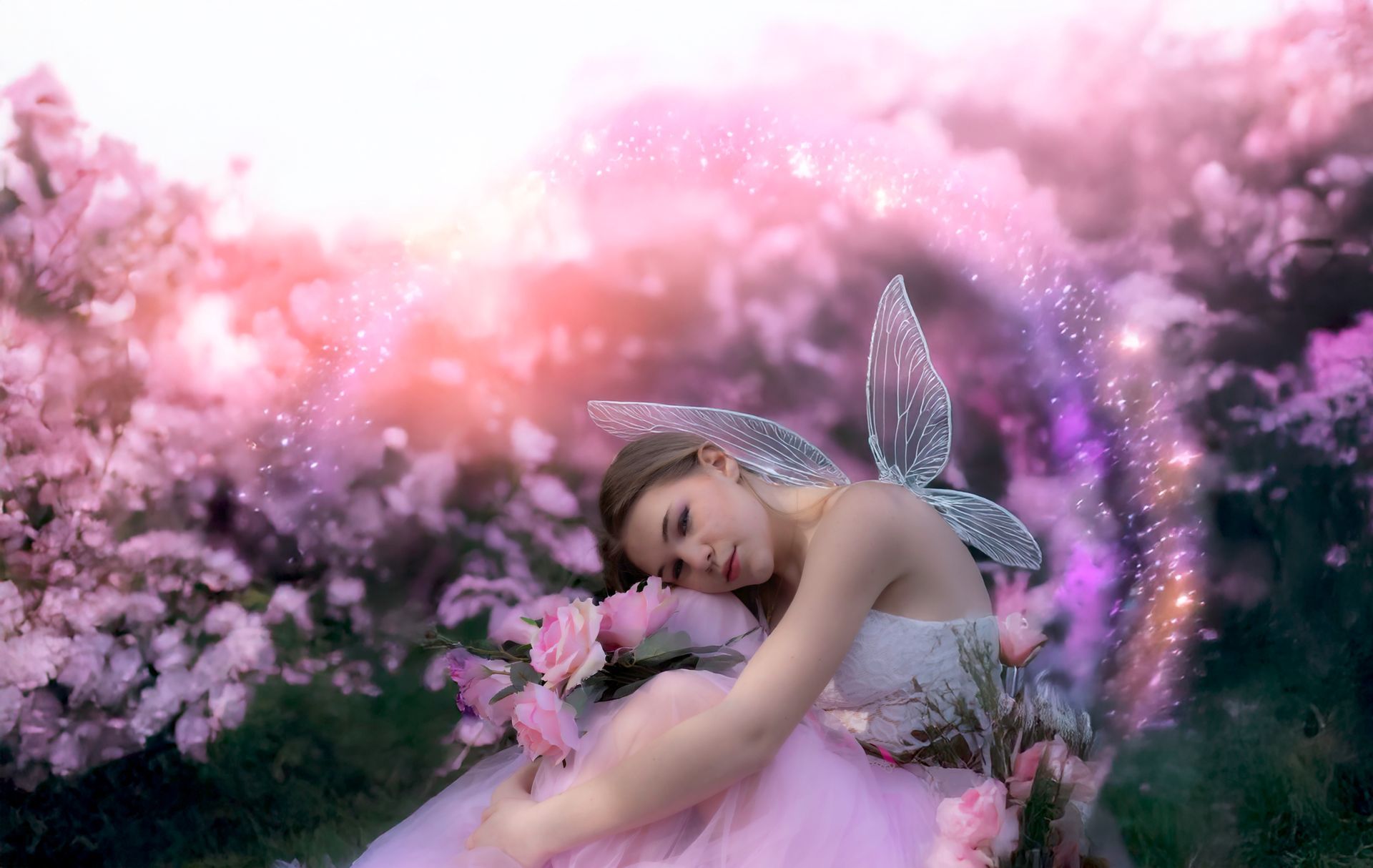 A fairy in a pink dress is sleeping in a field of flowers.