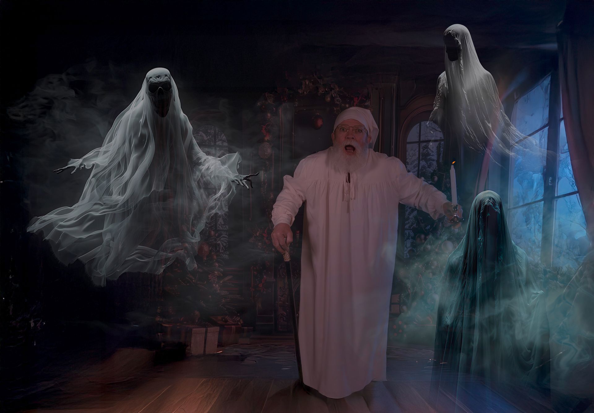 Man in white robe surrounded by four ghostly figures in a dark room.