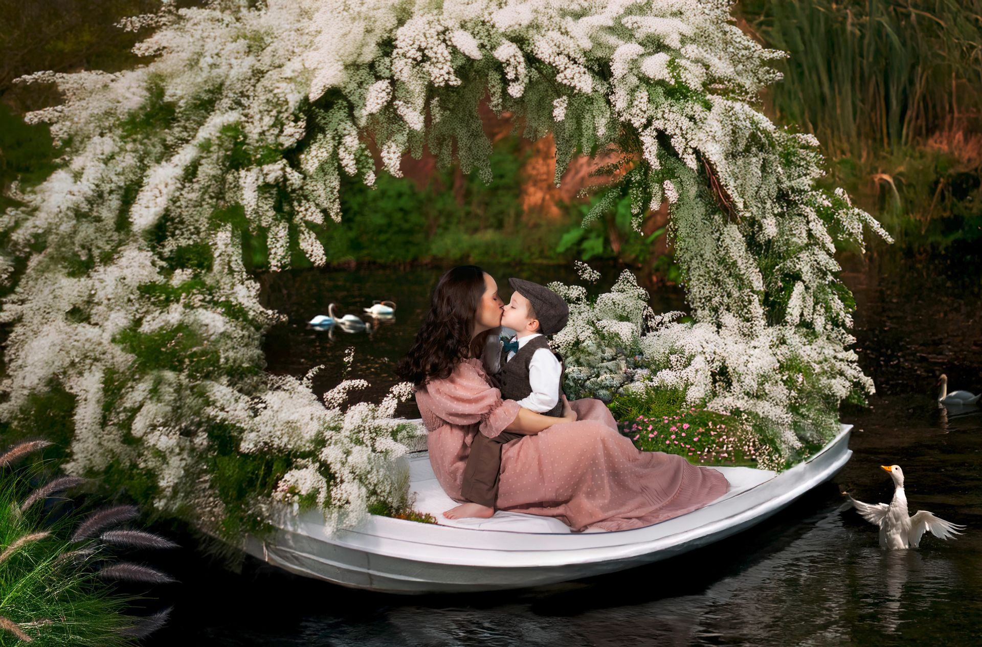 A woman and a child are sitting in a boat in the water.