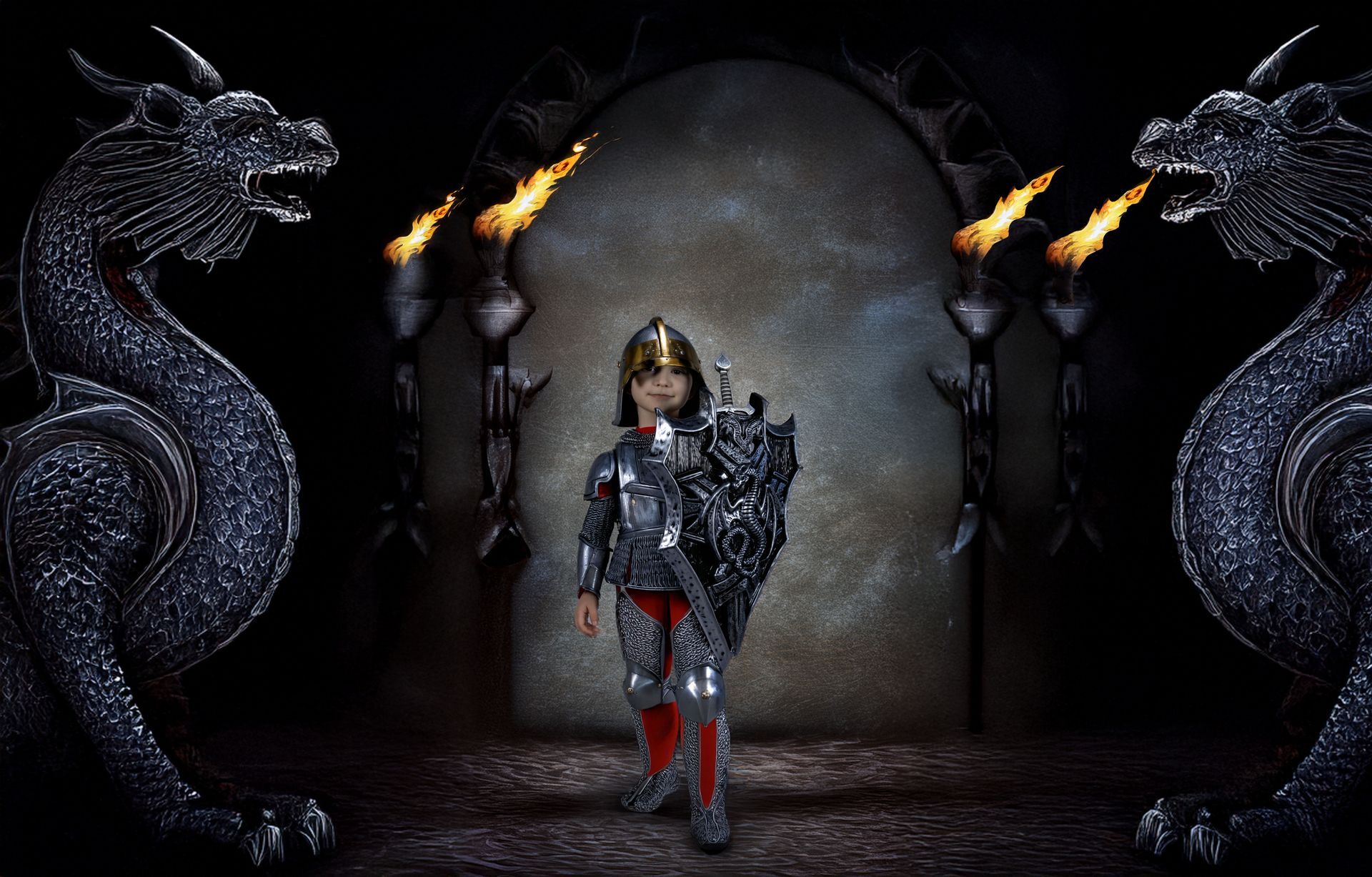 A knight with a shield is standing in front of two dragons.