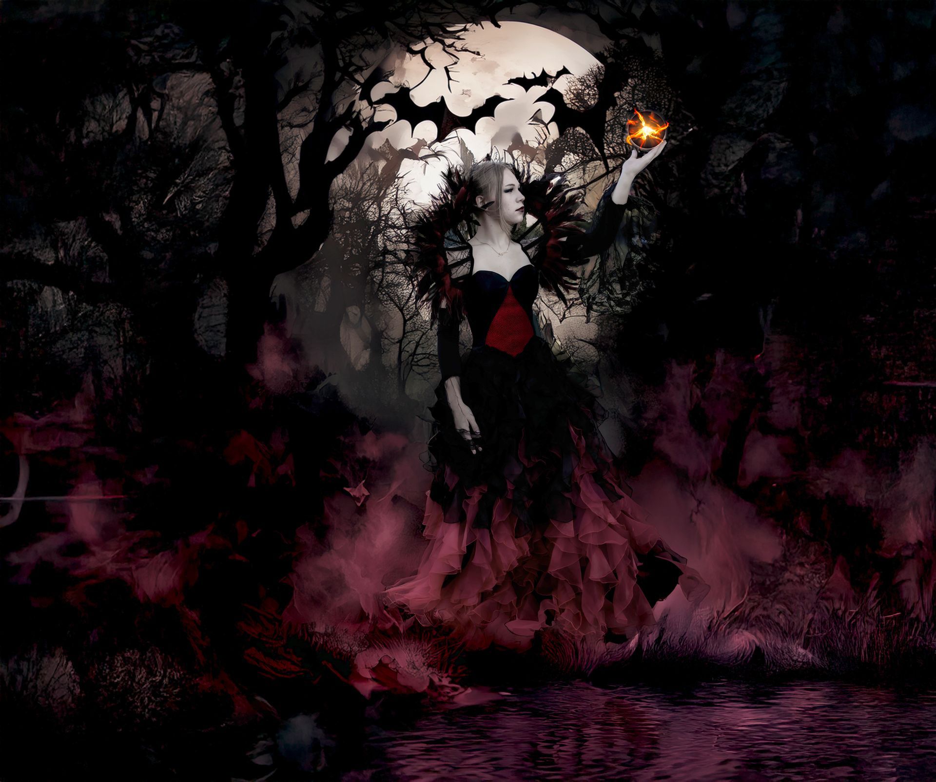 A woman in a red dress is standing in a dark forest holding a candle.