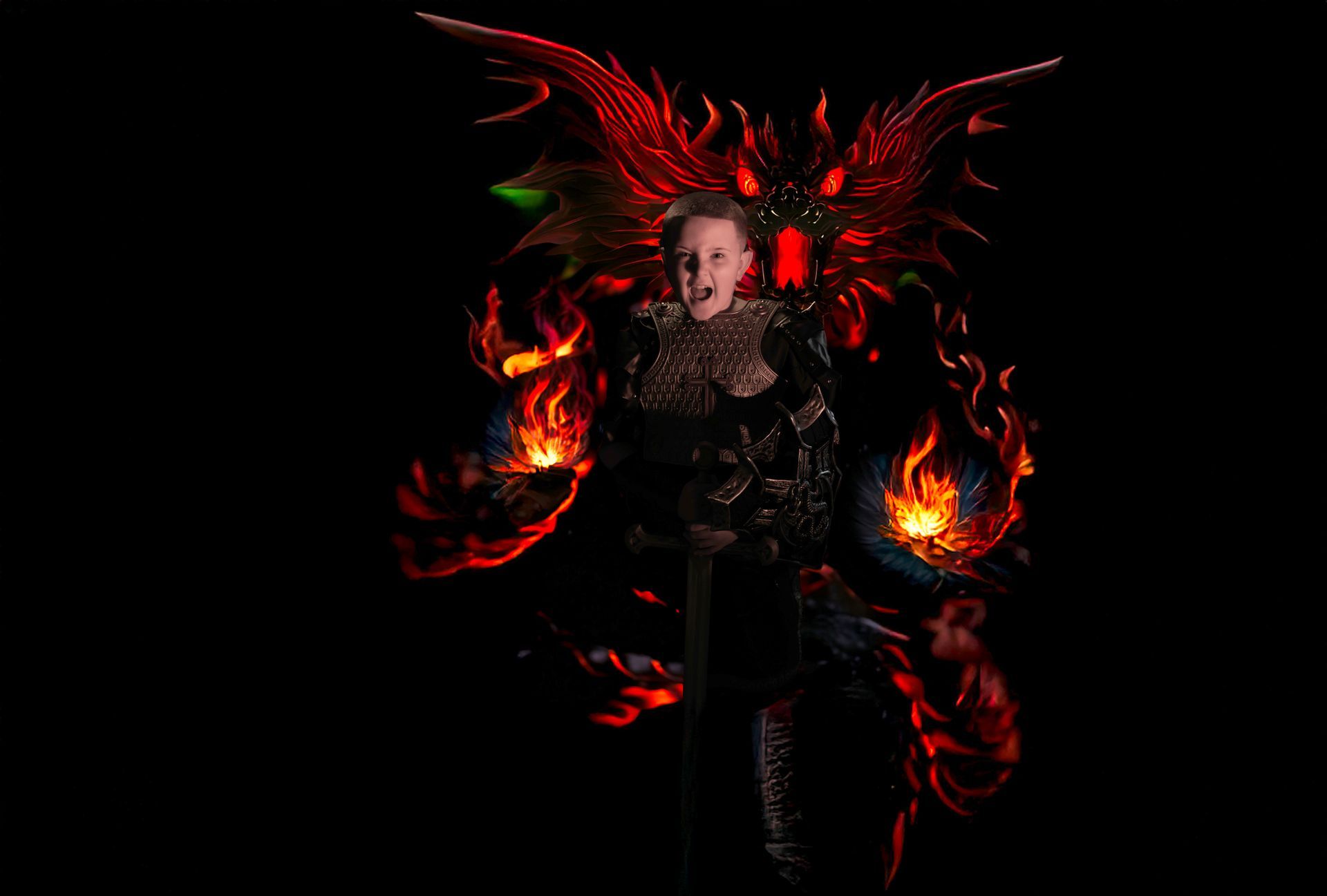 A person is standing in front of a dragon with fire coming out of it.