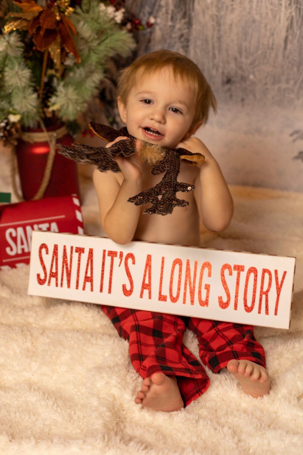 A little boy is holding a sign that says santa it 's a long story.