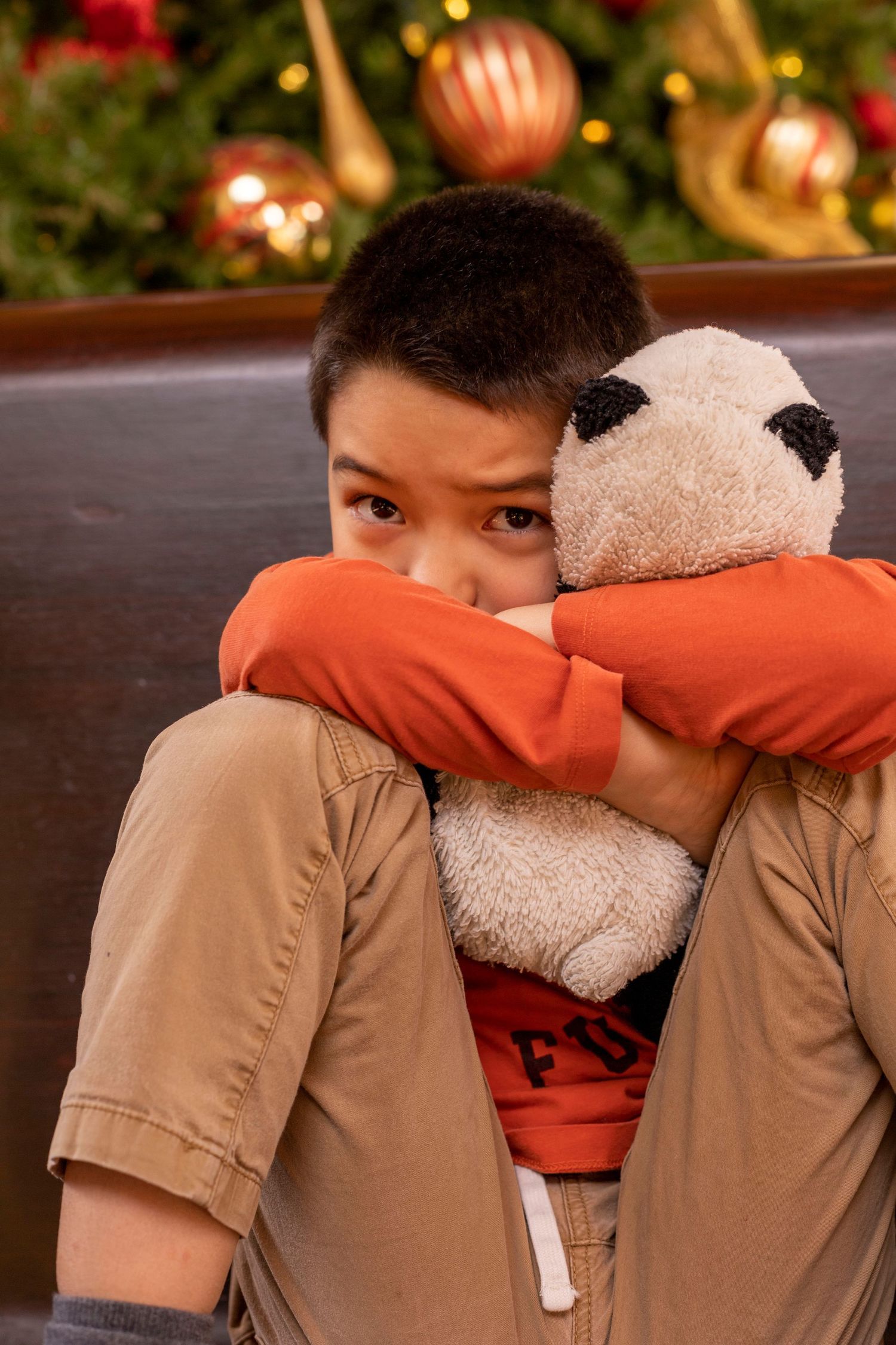 A young boy is hugging a stuffed animal in front of a christmas tree.