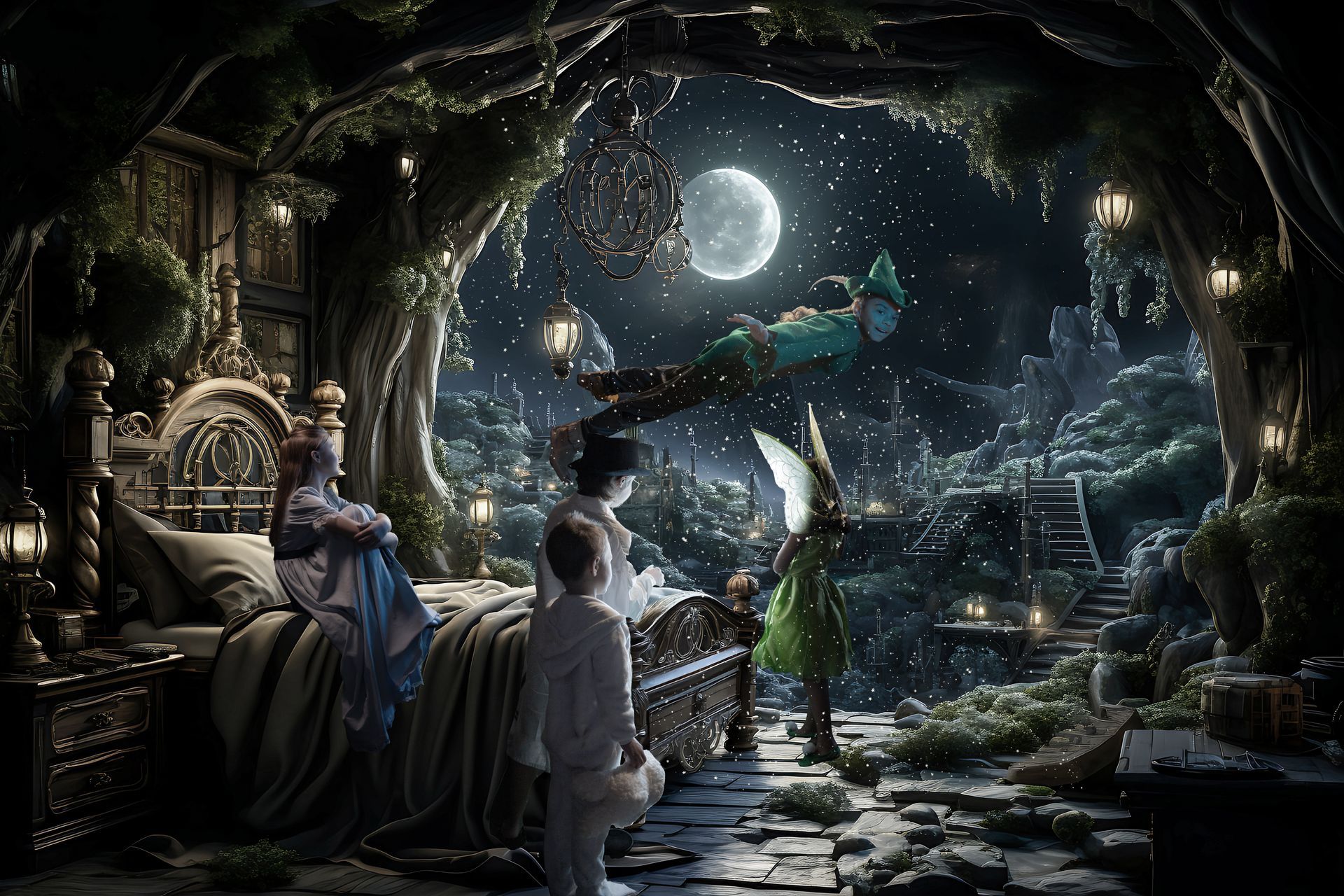 Peter Pan, Tinkerbell, and children in a forest bedroom, flying near a full moon.