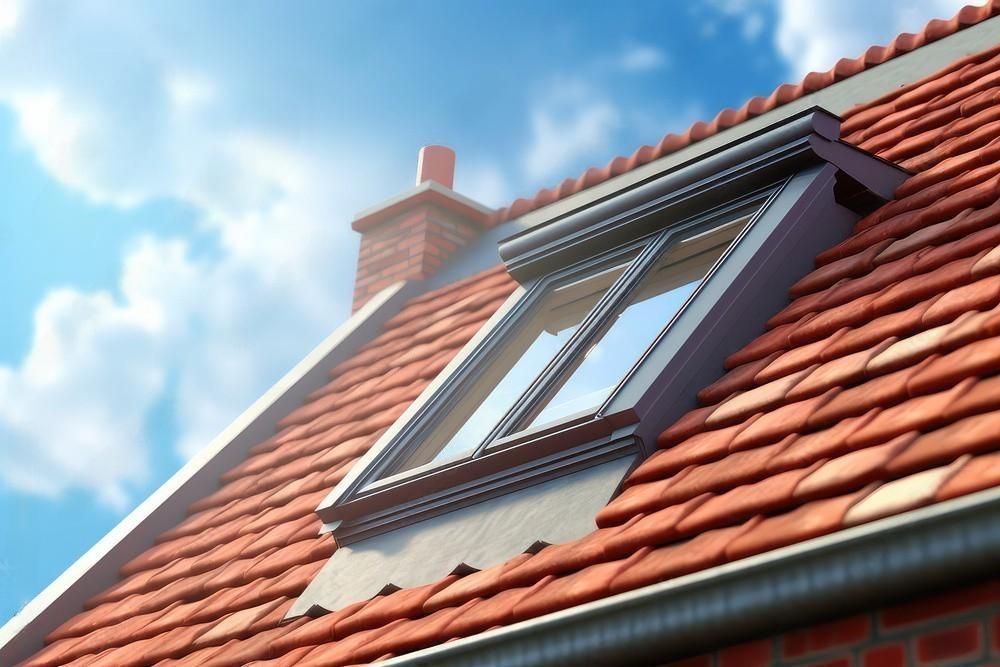 Sunlight streaming through a roof window illuminating a room with a view of the sky.