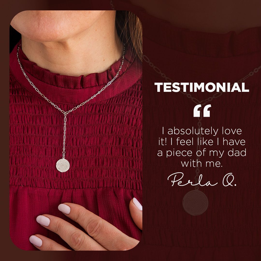 A woman wearing a necklace with a testimonial from perla q.