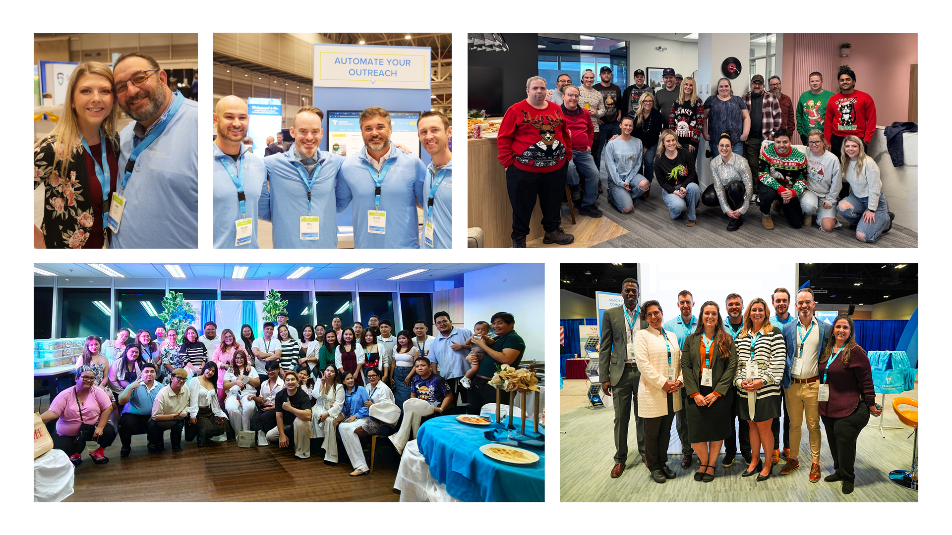 A collage of photos of people in an office , including a man and a child.