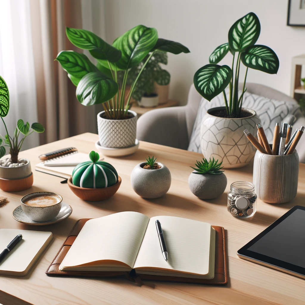 a desk with potted plants and a notebook with a pen on it