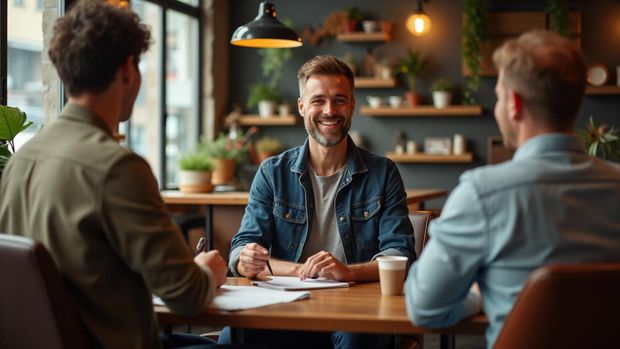 Man with glasses and a beard in a suit sits at a table looking at his phone; the wall is burgundy.