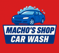 Logo for Macho's Hand Car Wash & Detailing. Shows a car being washed with blue and white colors, in a round design.