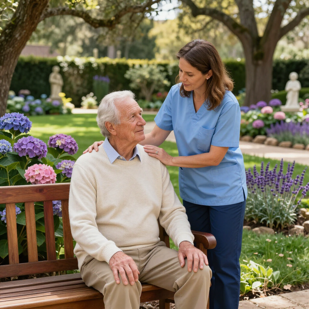Una cuidadora vestida con uniforme azul está de pie junto a una persona mayor sentada en un banco del parque