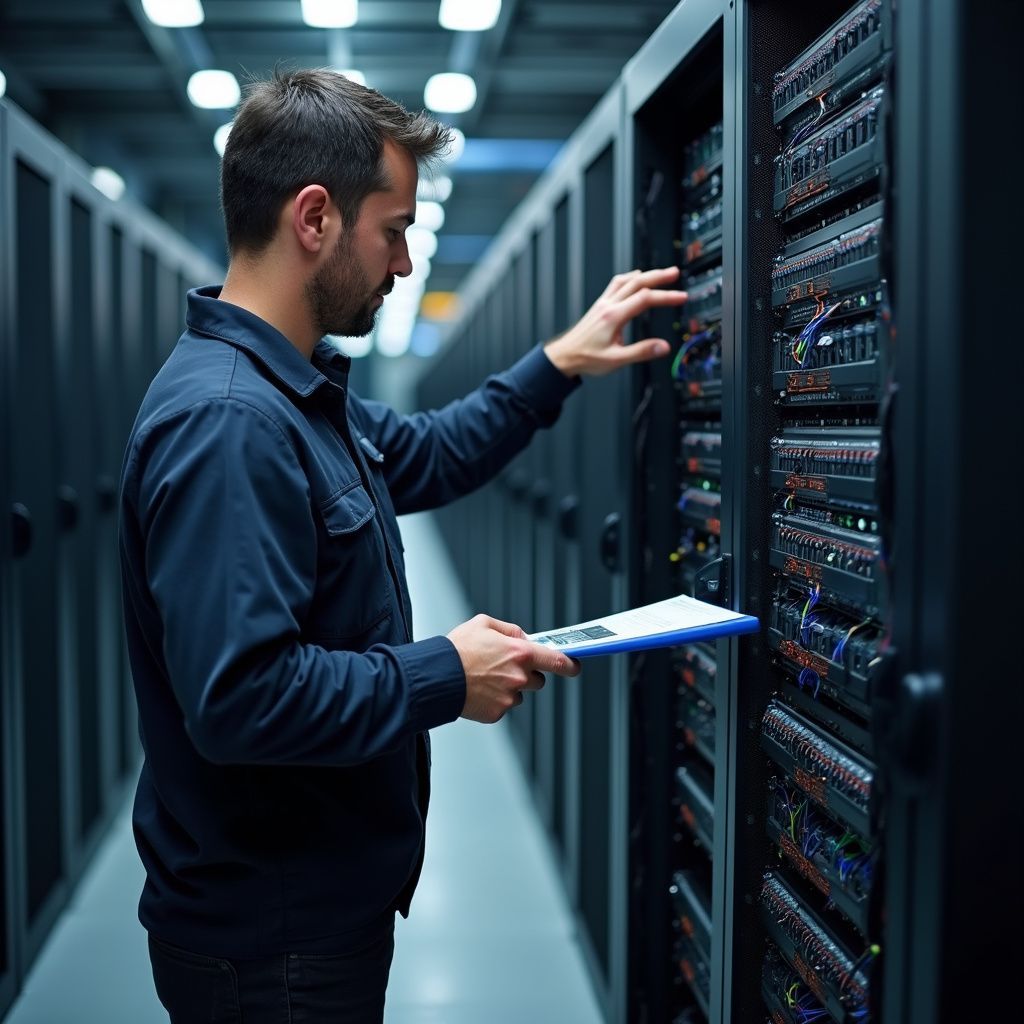 Man working in server room, inspecting equipment. He holds a clipboard, wearing a dark blue shirt.