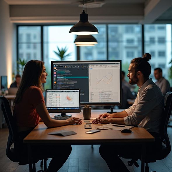 Two people collaborating at a desk with computers in an office setting.