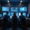 Three people monitor screens in a dark control room.