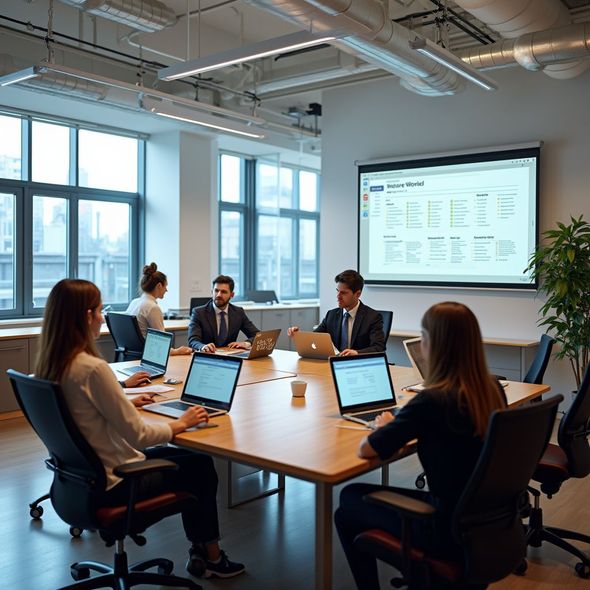 People in business attire working at laptops in a modern office, projected screen with data.
