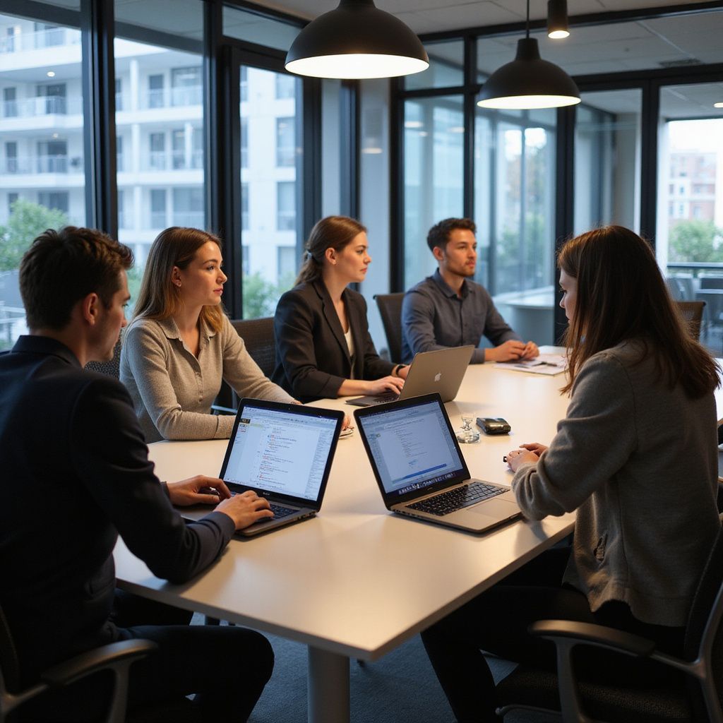 People at a table in an office, working on laptops; discussing data and projects.