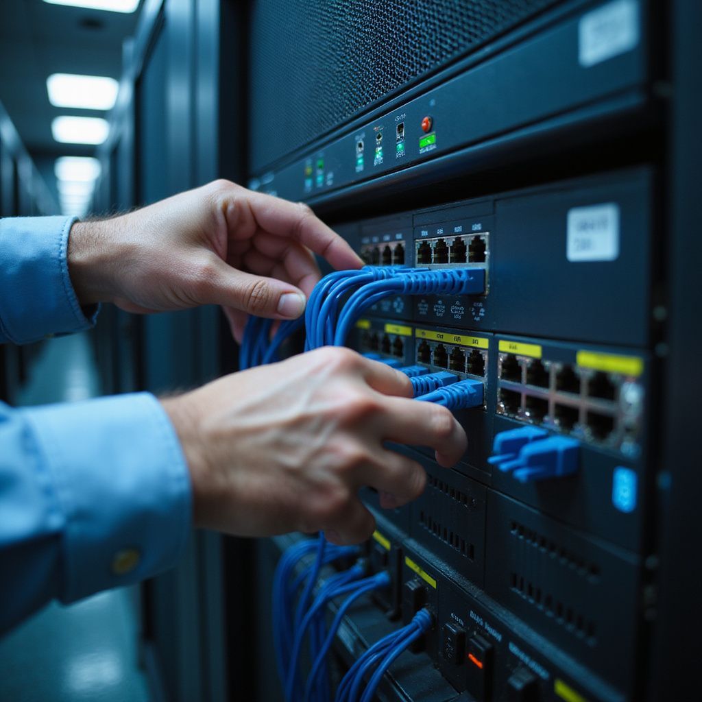 Person connecting blue network cables to a server in a server room.